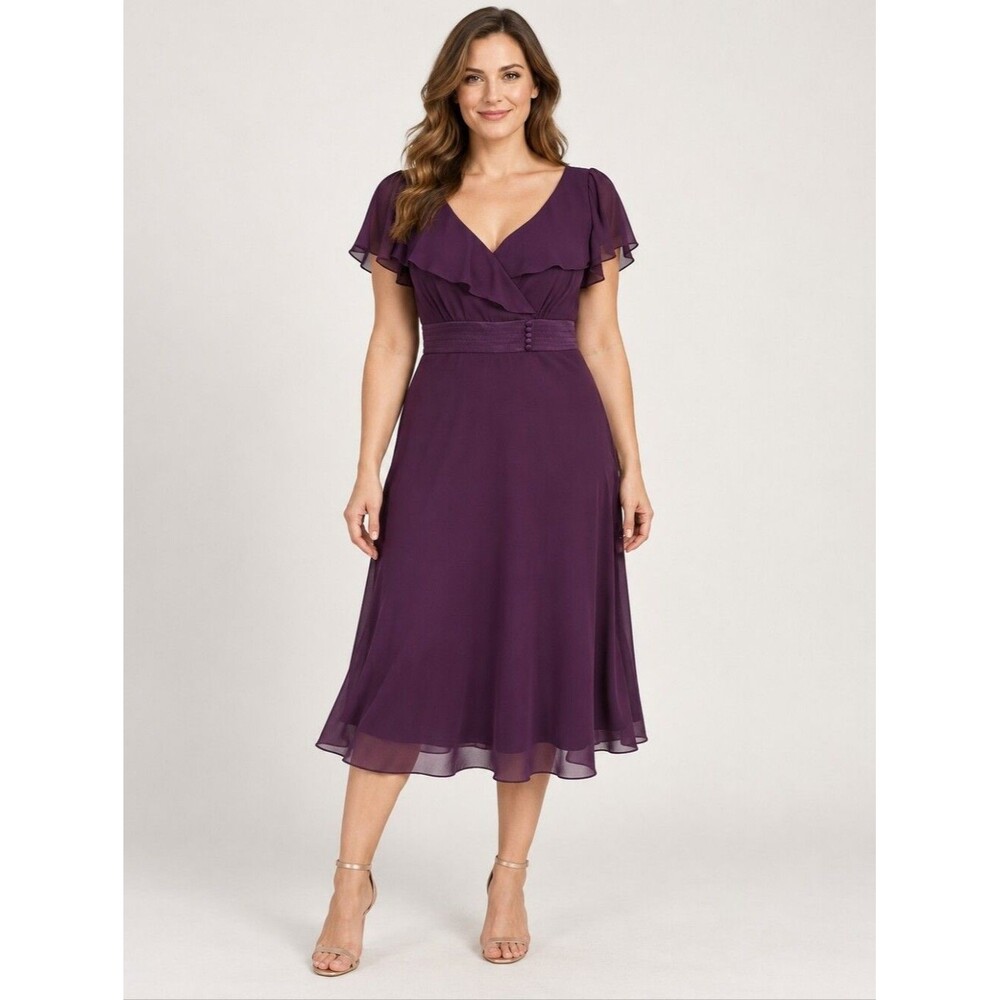 EUC Vintage R&M Richards women's ruffled neckline midi party evening dress, 14